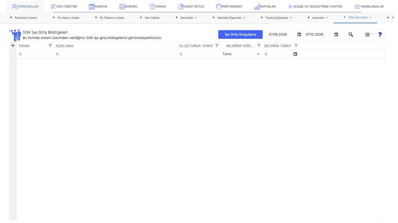 Sistem üzerinden verilen SGK işe giriş bildirgelerinin listelendiği ekran