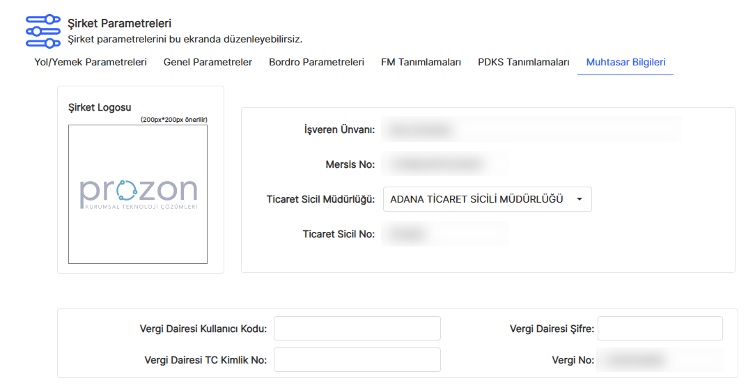 Prozon şirket parametrelerinde muhtasar bilgileri sekmesi